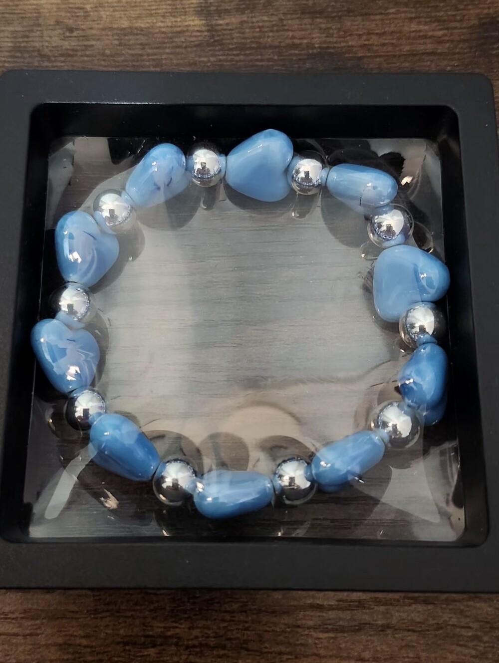 Handmade Ceramic Blue Heart And Silver Hematite Beaded Stretch Bracelet